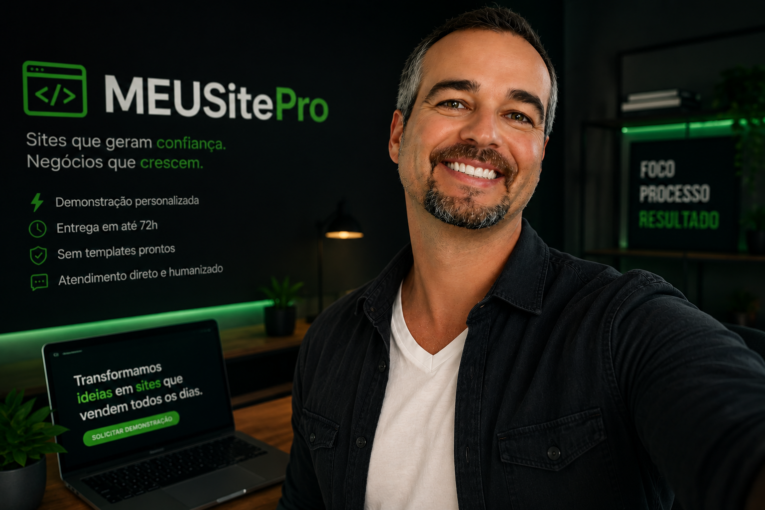 Arte institucional MeuSitePro — Sites que geram confiança, negócios que crescem